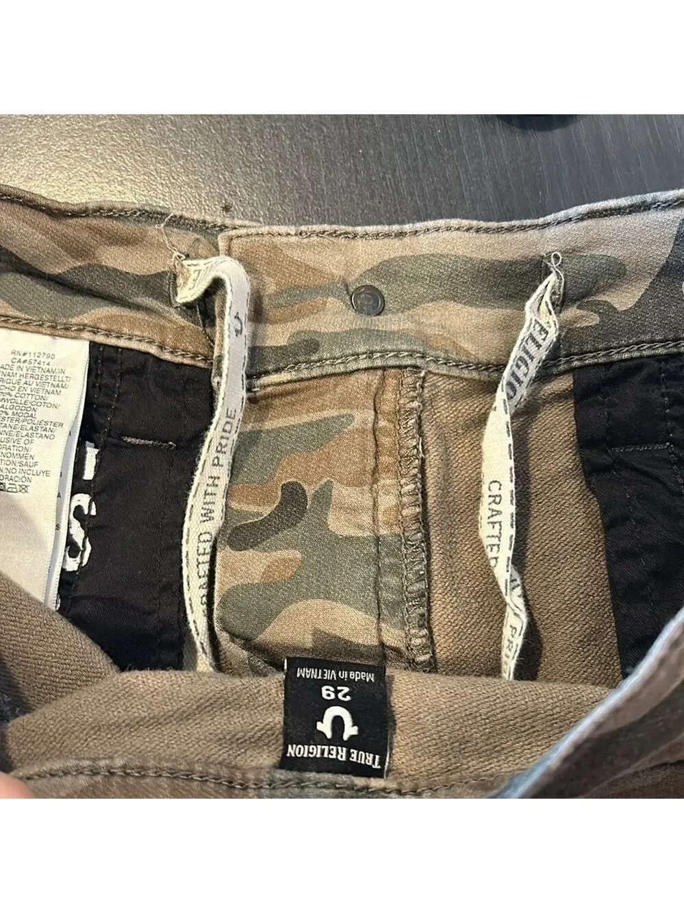 True Religion Men's Army Green Camo Finn Slim Tapered Adjustable Waist Jeans 29